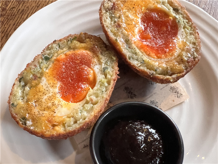 vegetarian Scotch egg with onion jam